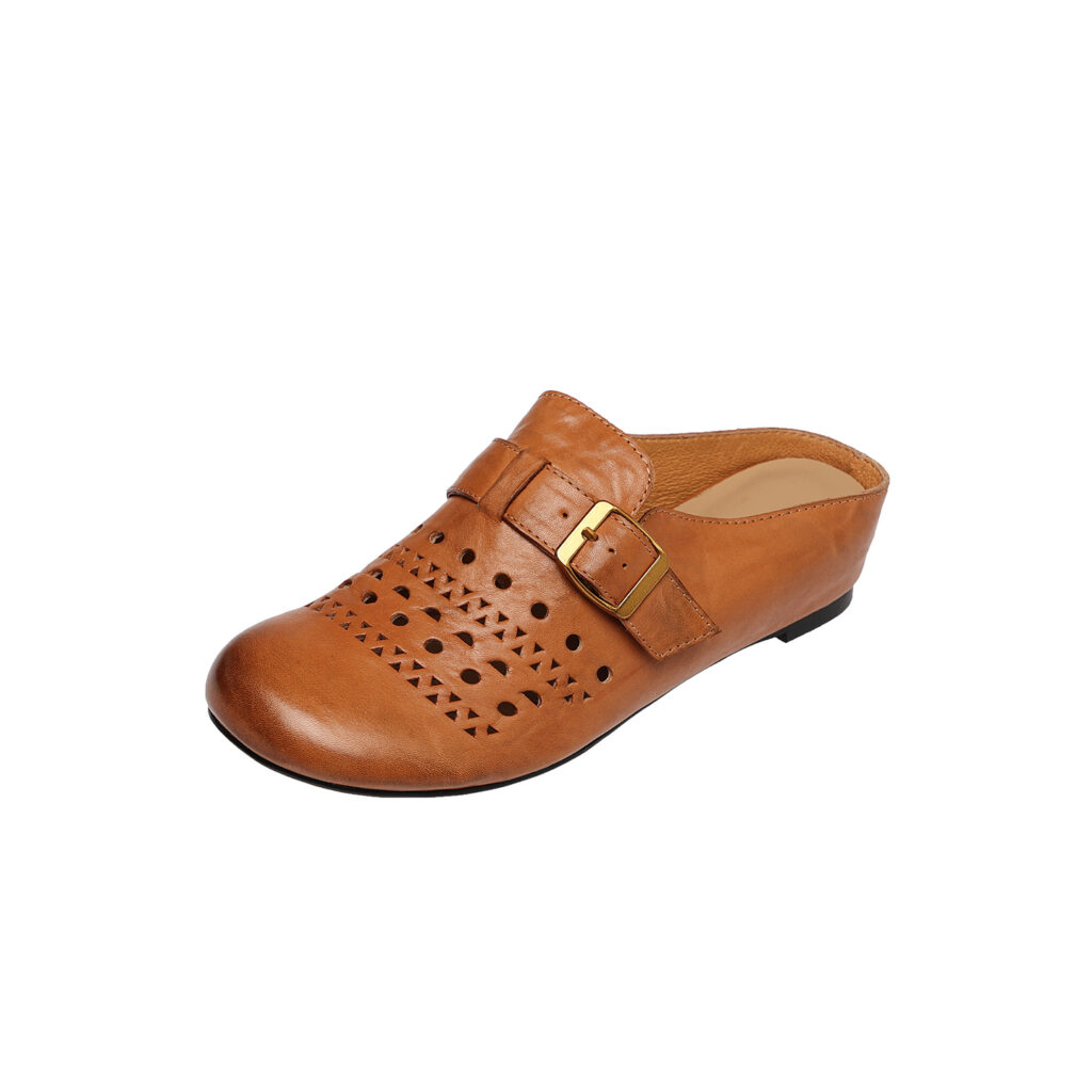 Women's Handcrafted Washed Full-Grain Cowhide Perforated Buckle Mules, Round Toe Flat Backless Slides