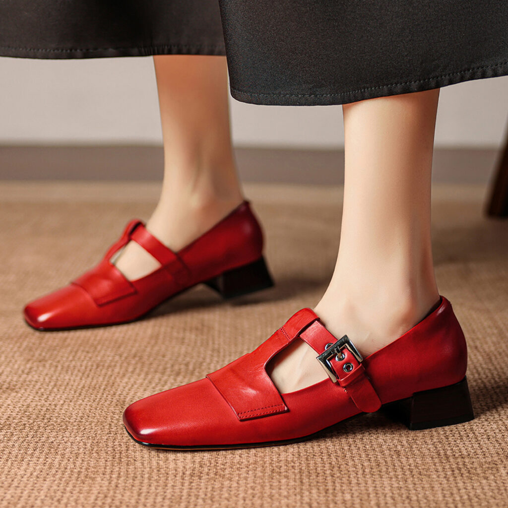 Women's Handmade Washed Full-Grain Leather Mary Jane Shoes, Vintage Square Toe T-Strap Buckle Low Block Heel Pumps
