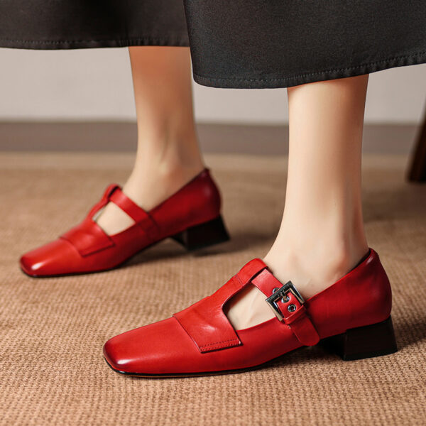 Women's Handmade Washed Full-Grain Leather Mary Jane Shoes, Vintage Square Toe T-Strap Buckle Low Block Heel Pumps