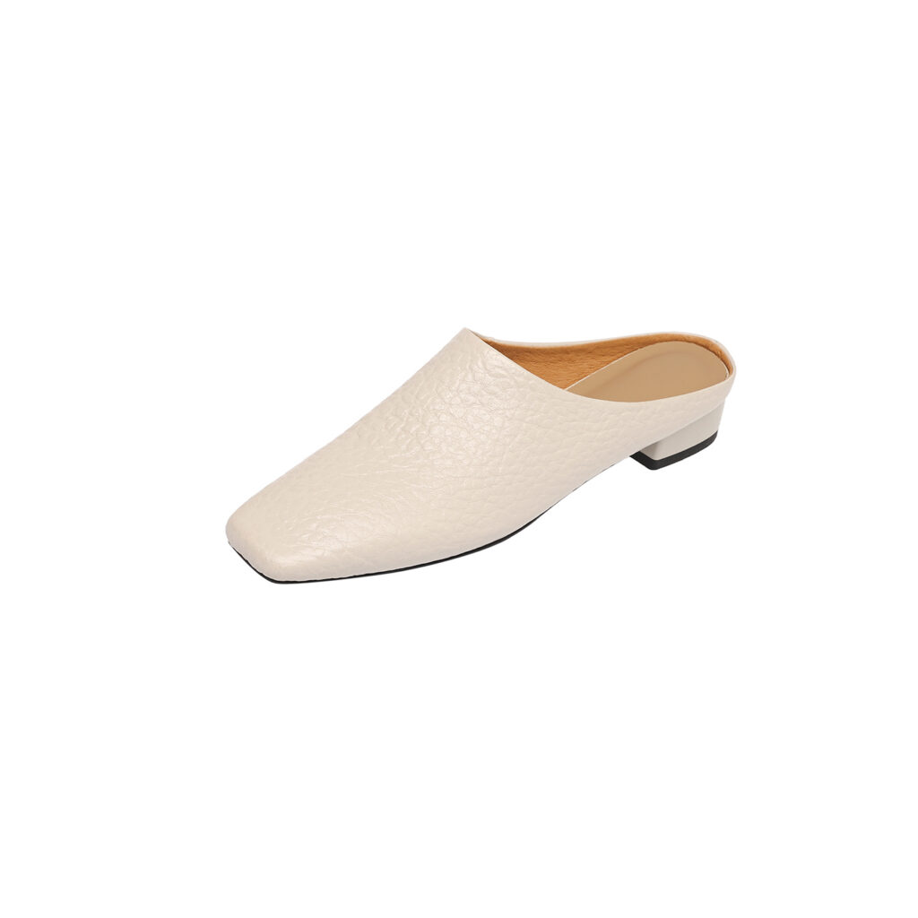 Women's Premium Full-Grain Cowhide Square Toe Mules, Low Block Heel Slip-On Backless Shoes