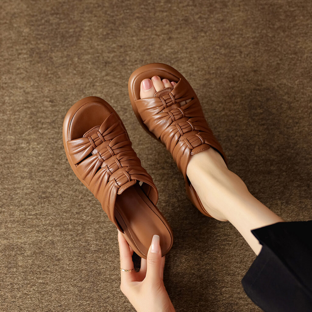 Women's Premium Genuine Lambskin Ruched Slide Sandals, Block Heel Open-Toe Mules