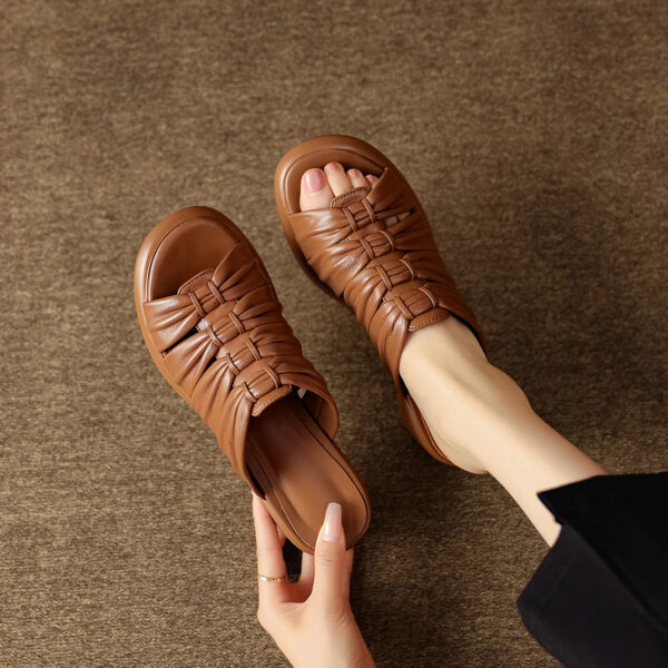 Women's Premium Genuine Lambskin Ruched Slide Sandals, Block Heel Open-Toe Mules - Image 3