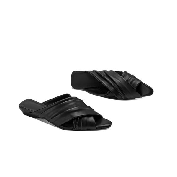Women's Ruched Lambskin Slide Sandals, Square Toe Handmade Leather Flat Mules - Image 12