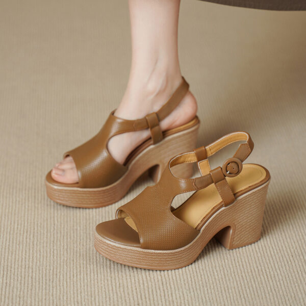 Handcrafted Full-Grain Lambskin Chunky Heel Platform Sandals, Women's Perforated Slingback Shoes - Image 4