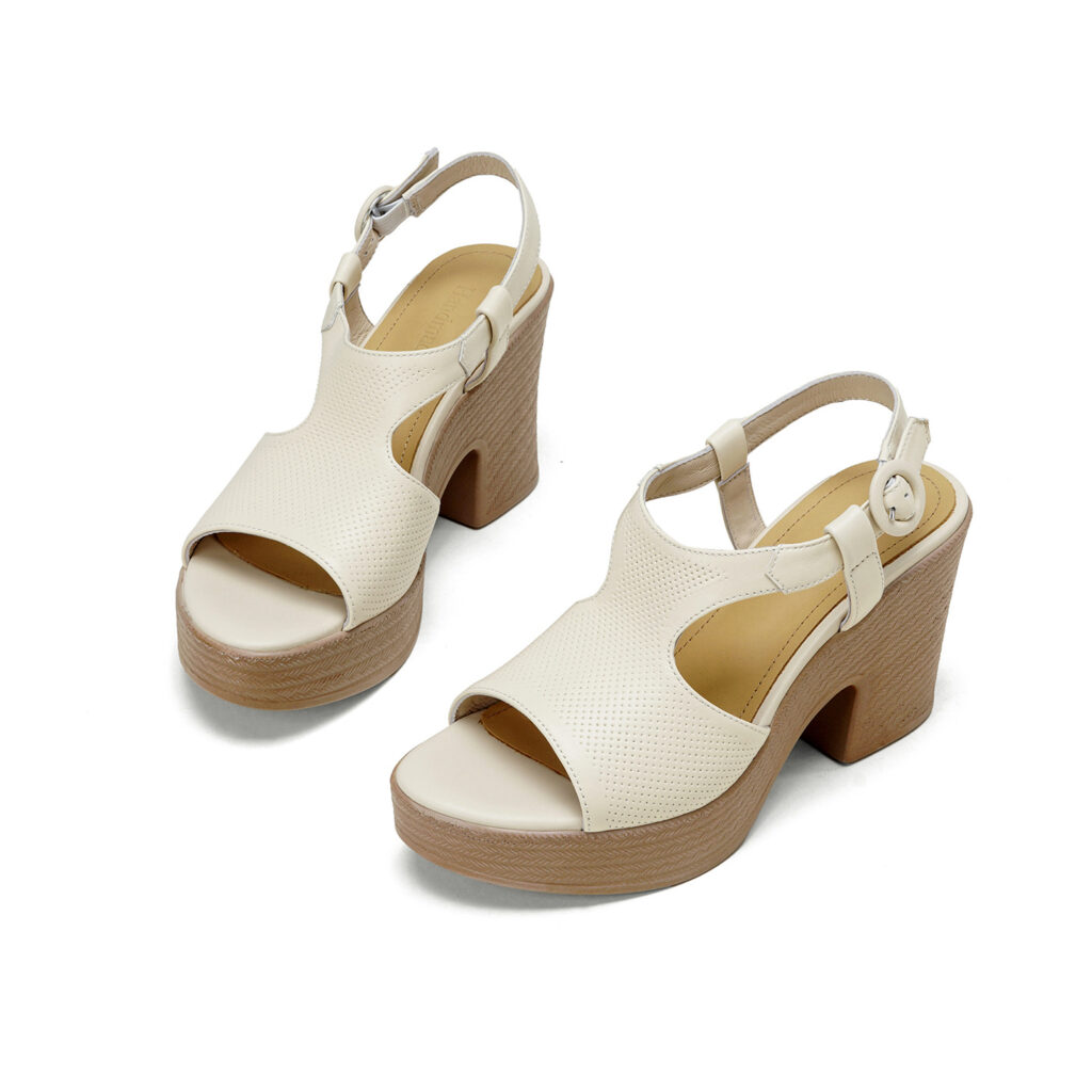 Handcrafted Full-Grain Lambskin Chunky Heel Platform Sandals, Women's Perforated Slingback Shoes