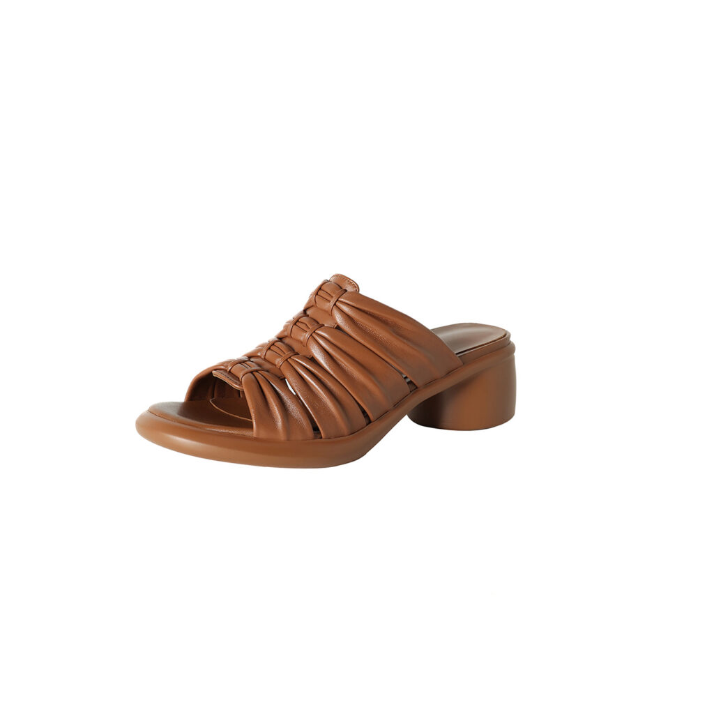 Women's Premium Genuine Lambskin Ruched Slide Sandals, Block Heel Open-Toe Mules