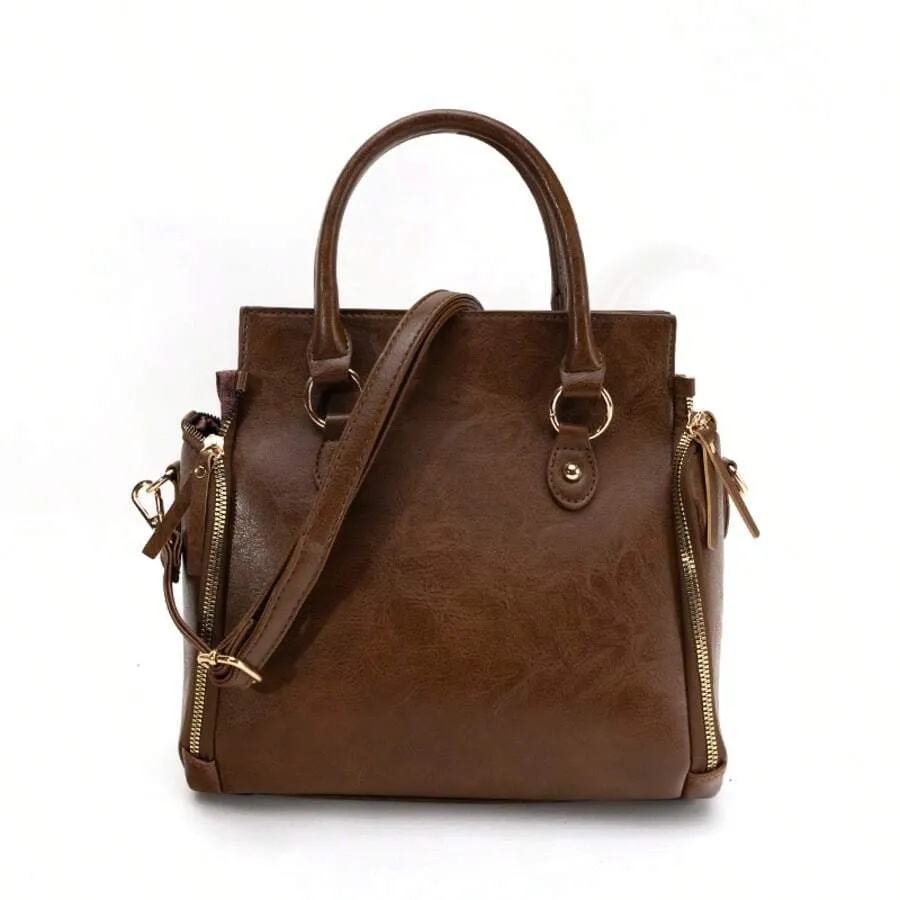 Ladies Vintage Tote Bag - Large Capacity Handbag With Multiple Pockets, Detachable Shoulder Strap And Wristlet, Snap Closure, Fashion Accessory ,Vintage Design, Glossy Finish, Perfect Valentine