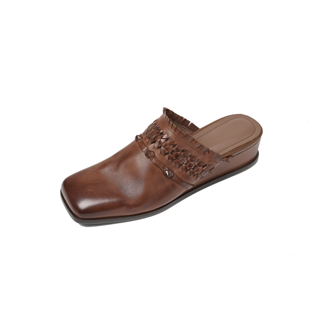 Women's Washed Full-Grain Leather Wedge Mules, Handwoven Cowhide Square Toe Slides