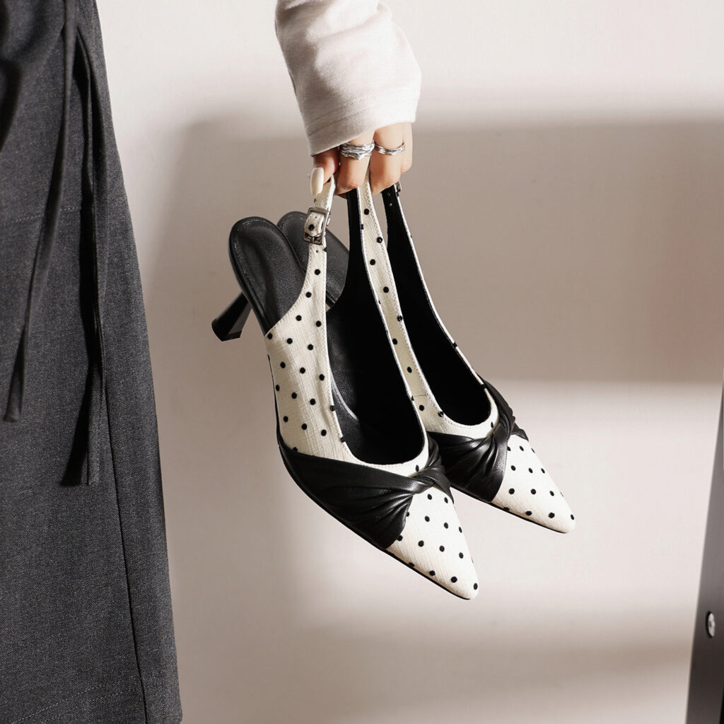 Women's Polka Dot Slingback Heels, Pointed Toe Genuine Lambskin Slingback Pumps