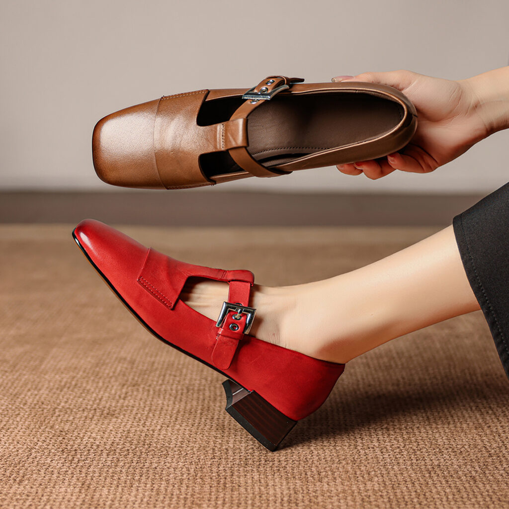 Women's Handmade Full-Grain Leather Mary Jane Shoes, Vintage Square Toe T-Strap Buckle Low Block Heel Pumps