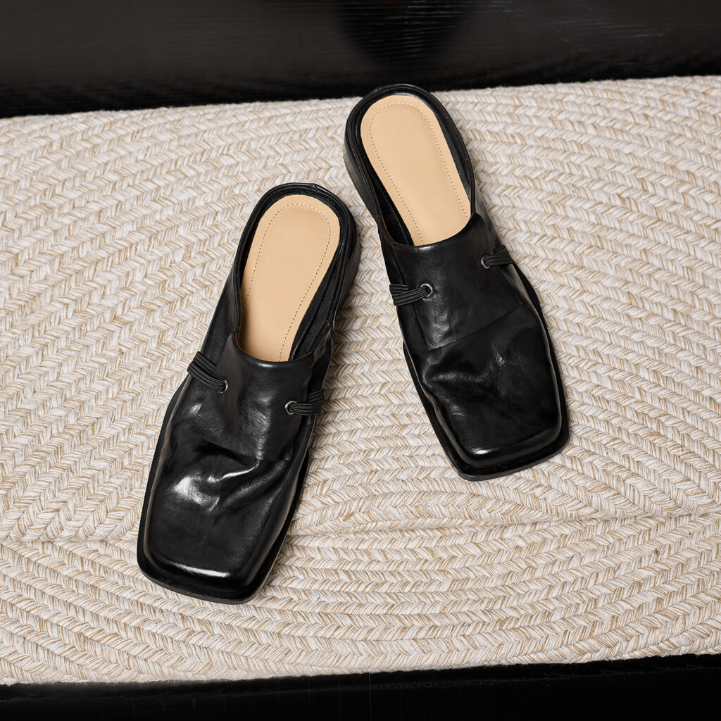 Women's Full-Grain Calfskin Square Toe Mules, Handmade Leather Slip-On Low Heel Slides