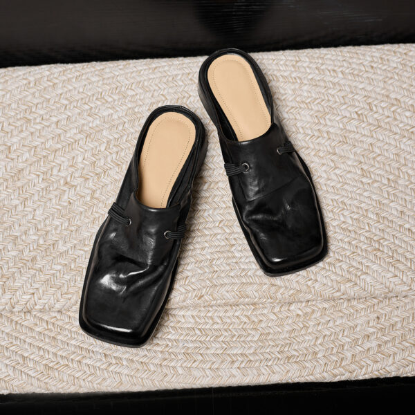 Women's Full-Grain Calfskin Square Toe Mules, Handmade Leather Slip-On Low Heel Slides - Image 7