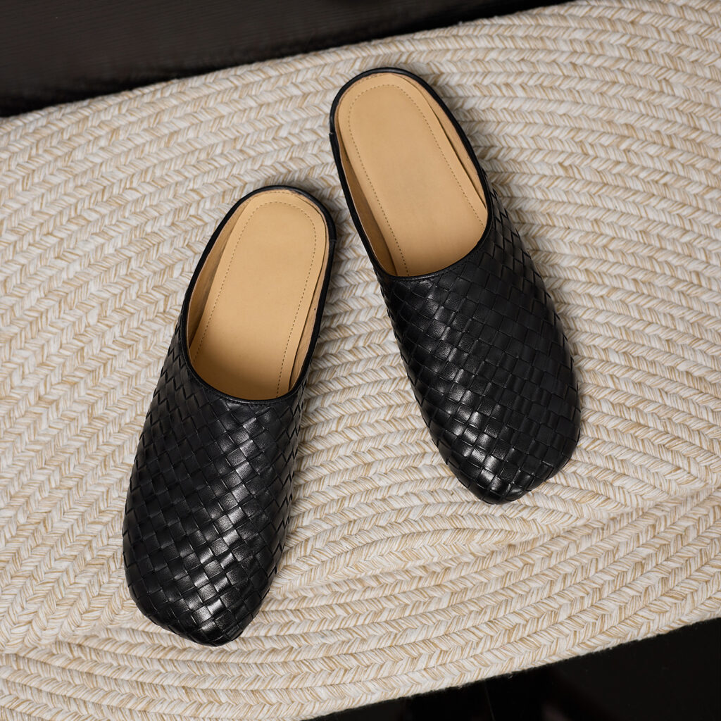 Women's Handwoven Full-Grain Leather Mules, Premium Cowhide Square Toe Slip-On Slides