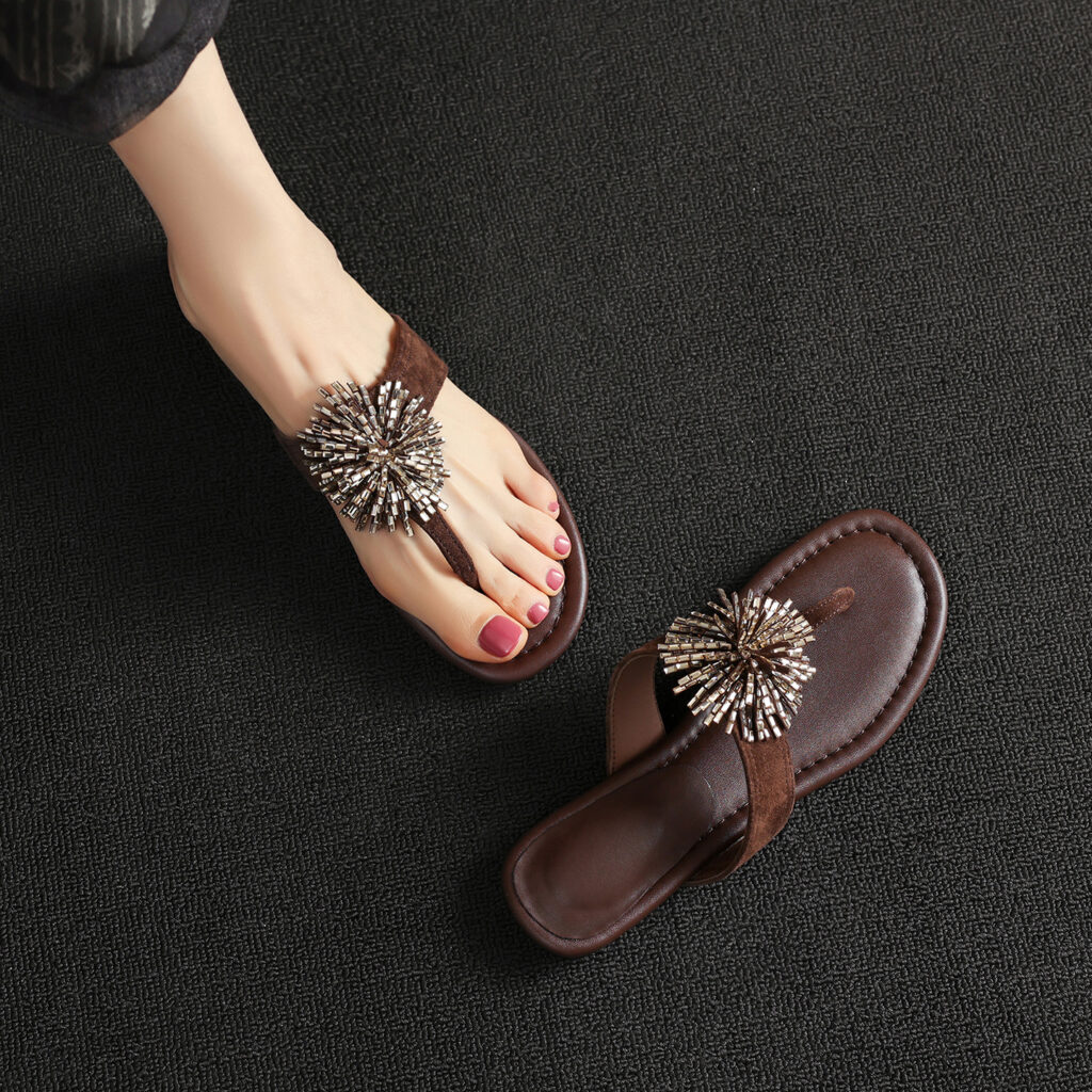 Women's Artisanal Full-Grain Lambskin Flip-Flop Sandals, Handmade Fireworks Crystal Embellished Suede Slides
