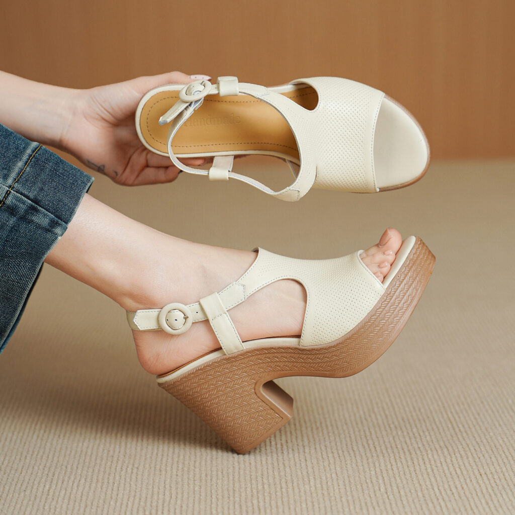 Handcrafted Full-Grain Lambskin Chunky Heel Platform Sandals, Women's Perforated Slingback Shoes