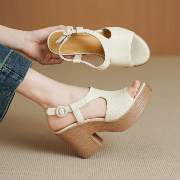 Handcrafted Full-Grain Lambskin Chunky Heel Platform Sandals, Women's Perforated Slingback Shoes - Image 3