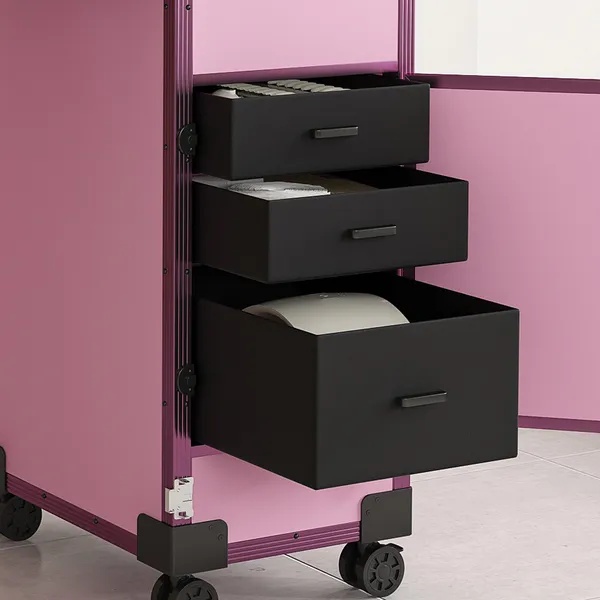 Portable Nail Art Table W & LED Mirror, Bluetooth, Lockable Drawers, Telescopic Pole - Folding Manicure Station For Salons - Pink - Image 5