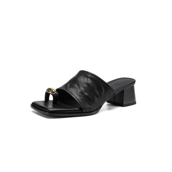 Women's Premium Full-Grain Lambskin Slide Sandals, Handmade Vintage Metal Decor Square Toe Block Heel Mules - Image 12