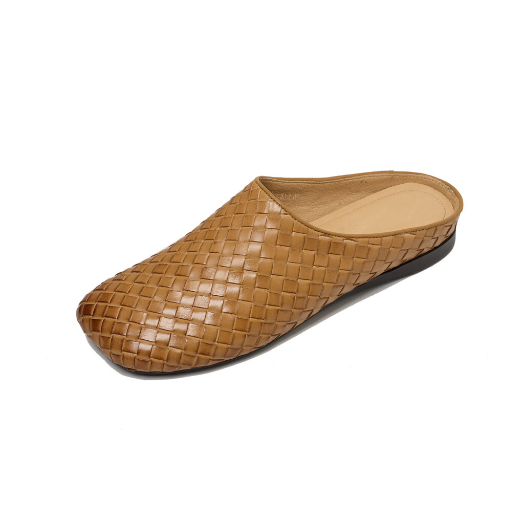 Women's Handwoven Full-Grain Leather Mules, Premium Cowhide Square Toe Slip-On Slides