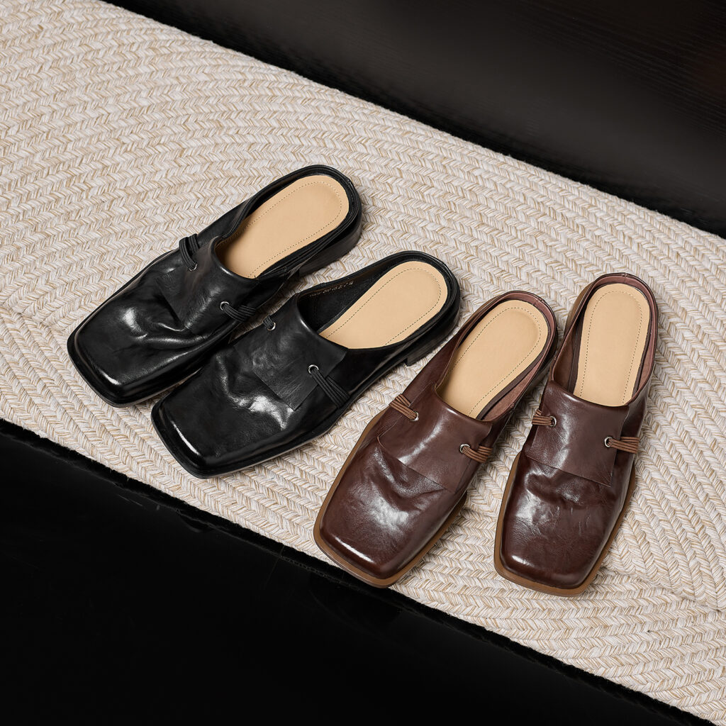 Women's Full-Grain Calfskin Square Toe Mules, Handmade Leather Slip-On Low Heel Slides