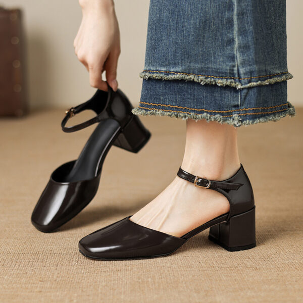 Women's Full-Grain Cowhide Mary Jane Block Heel Sandals, Handmade Leather Square Toe Heels - Image 2