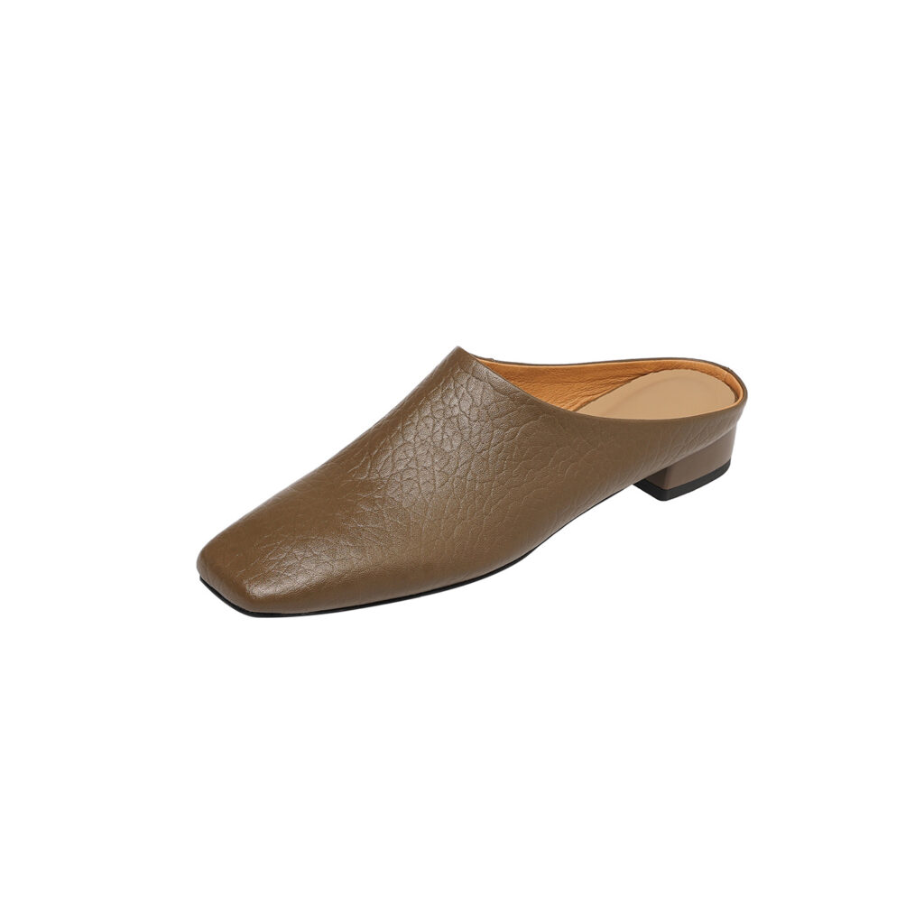 Women's Premium Full-Grain Cowhide Square Toe Mules, Low Block Heel Slip-On Backless Shoes