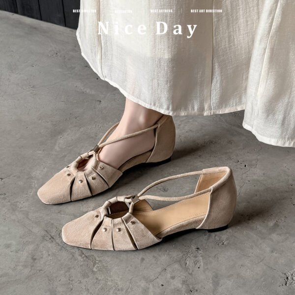 Handcrafted Full-Grain Leather Cage Sandals, Women's Vintage Woven Square Toe T-Strap Flats - Image 4