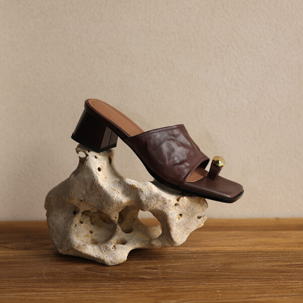 Women's Premium Full-Grain Lambskin Slide Sandals, Handmade Vintage Metal Decor Square Toe Block Heel Mules - Image 6