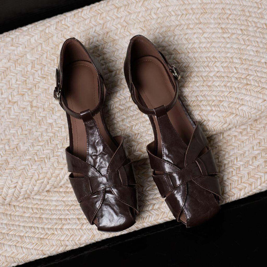 Women's Genuine Sheepskin Fisherman Sandals, Handmade Woven T-Strap Closed Toe Flat Shoes