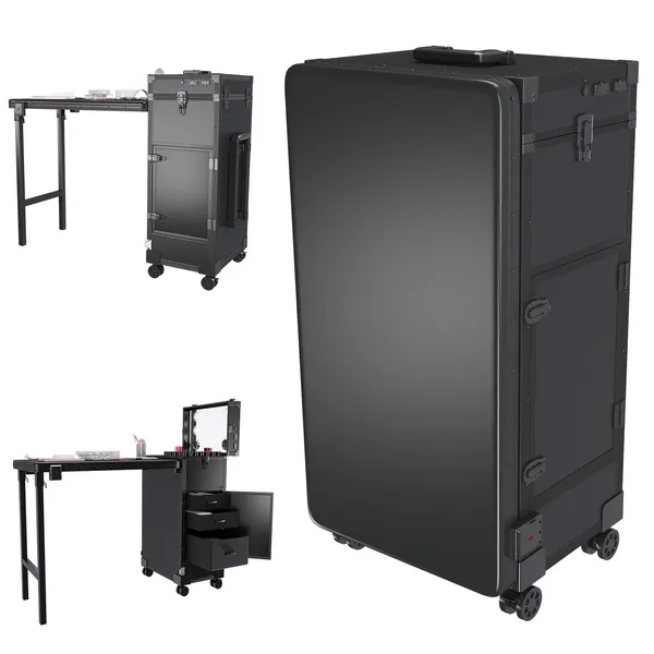 Portable Nail Art Table W& LED Mirror, Bluetooth, Lockable Drawers, Telescopic Pole - Folding Manicure Station For Salons - Black - Image 5