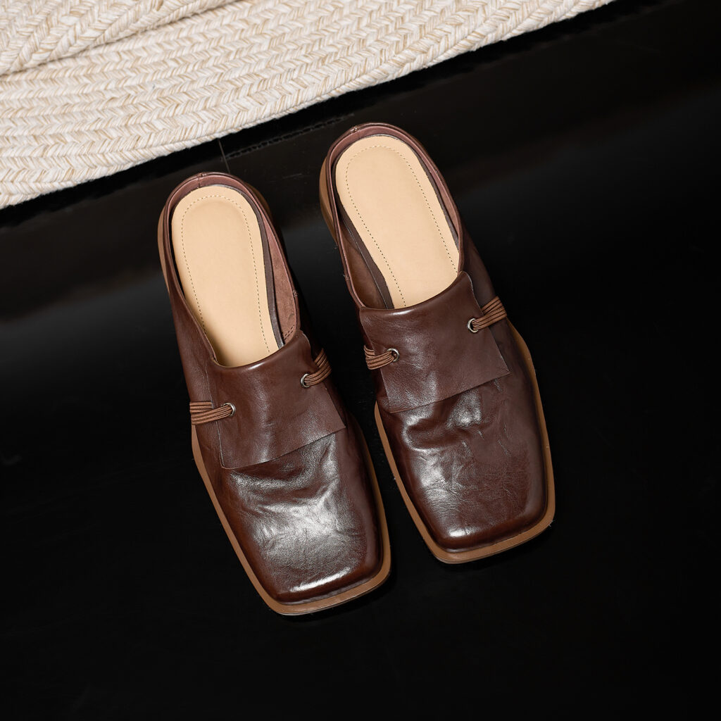 Women's Full-Grain Calfskin Square Toe Mules, Handmade Leather Slip-On Low Heel Slides