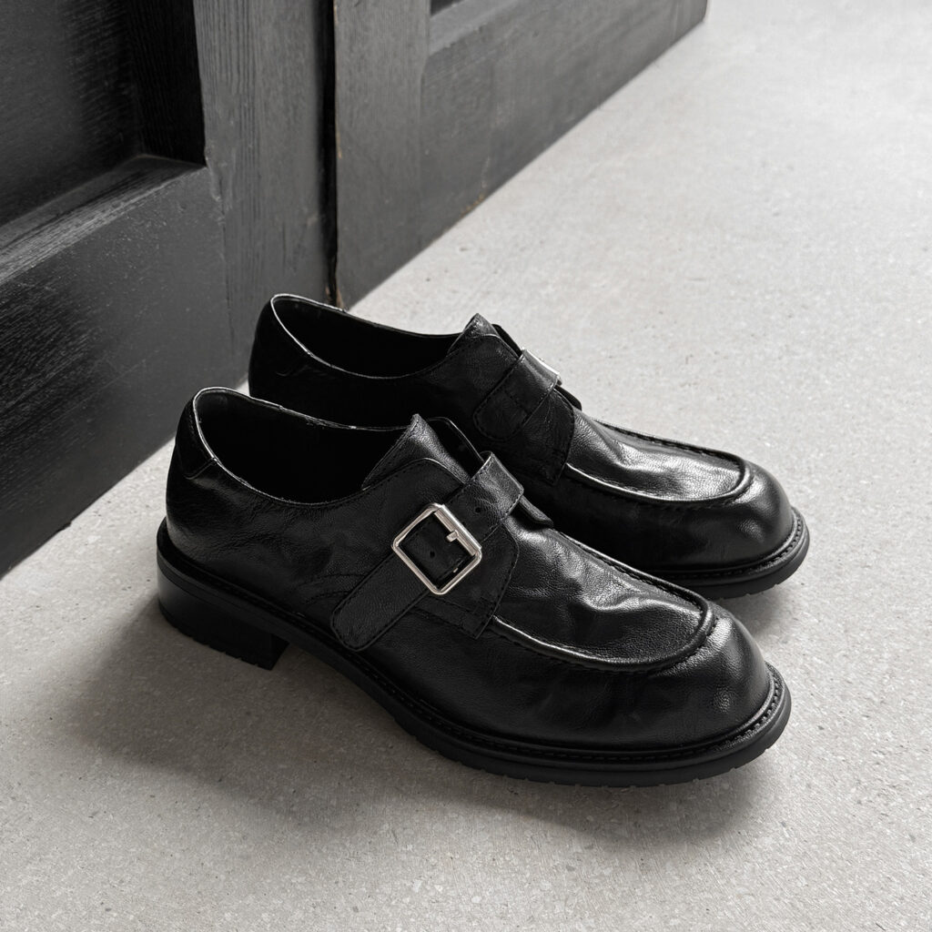 Women's Full-Grain Washed Leather Loafers, Handmade Buckle Monk Strap Low Heel Shoes