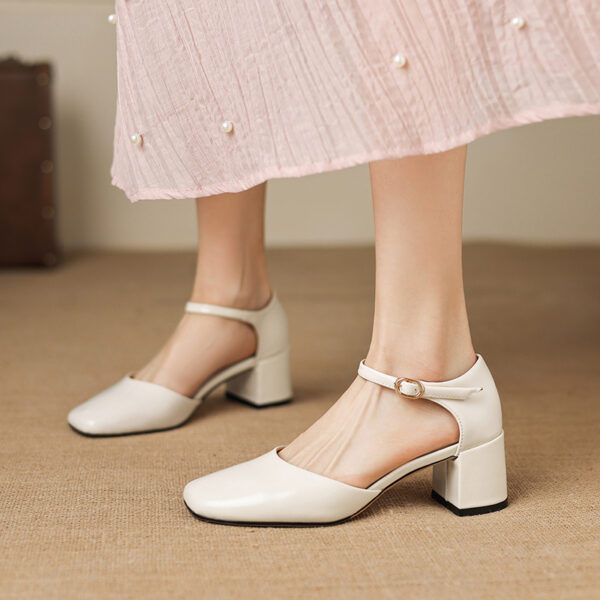 Women's Full-Grain Cowhide Mary Jane Block Heel Sandals, Handmade Leather Square Toe Heels - Image 5