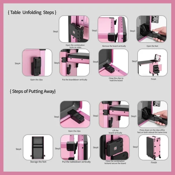 Portable Nail Art Table W & LED Mirror, Bluetooth, Lockable Drawers, Telescopic Pole - Folding Manicure Station For Salons - Pink - Image 4