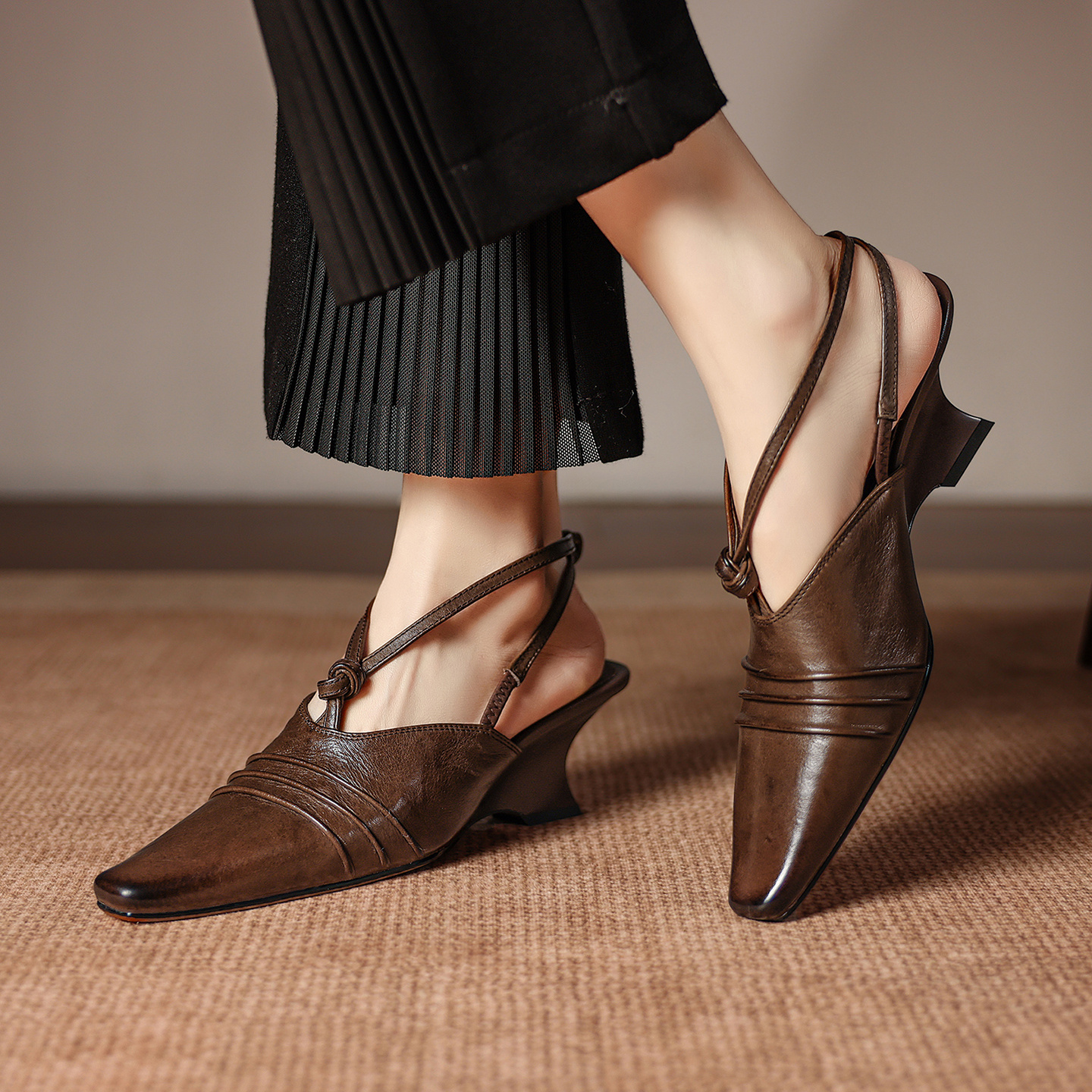 Premium Handmade Washed Leather Wedge Sandals, Women's Knotted Slingback Square Toe Shoes - Image 1