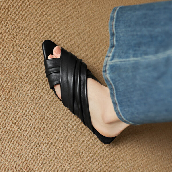 Women's Ruched Lambskin Slide Sandals, Square Toe Handmade Leather Flat Mules - Image 8
