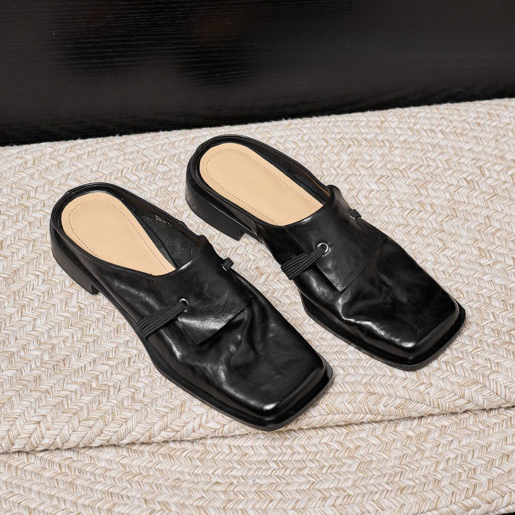 Women's Full-Grain Calfskin Square Toe Mules, Handmade Leather Slip-On Low Heel Slides