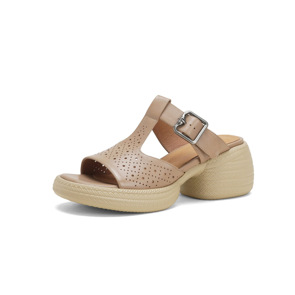 Premium Handmade Washed Leather Perforated Mule Sandals, Women's Chunky Platform T-Strap Slides