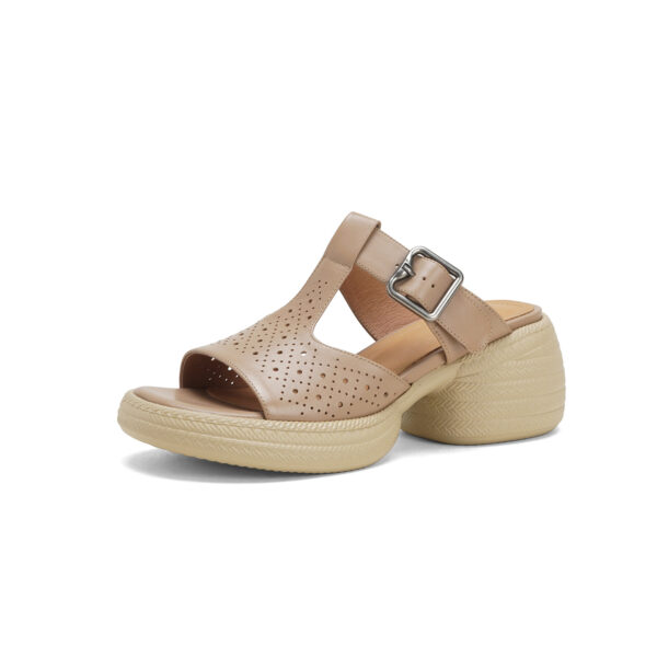 Premium Handmade Washed Leather Perforated Mule Sandals, Women's Chunky Platform T-Strap Slides - Image 15