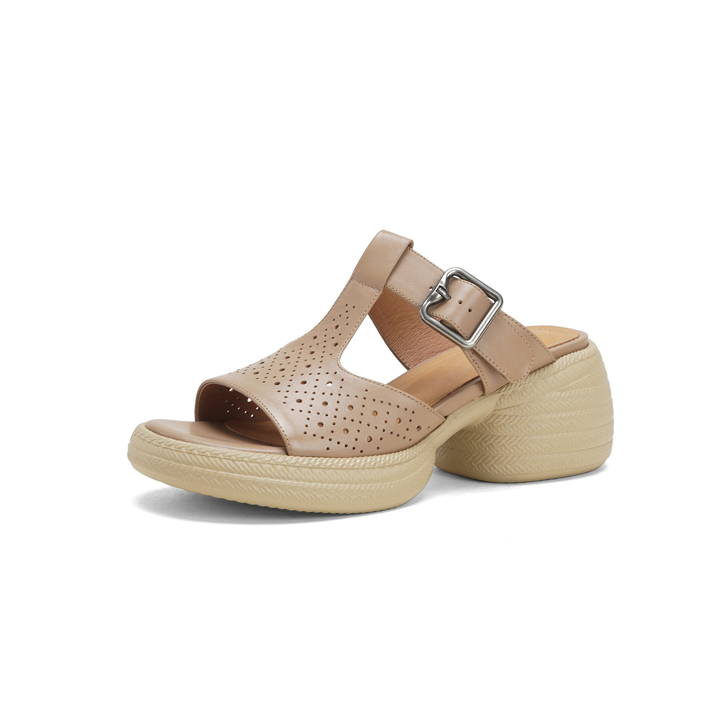 Premium Handmade Washed Leather Perforated Mule Sandals, Women's Chunky Platform T-Strap Slides - Image 8