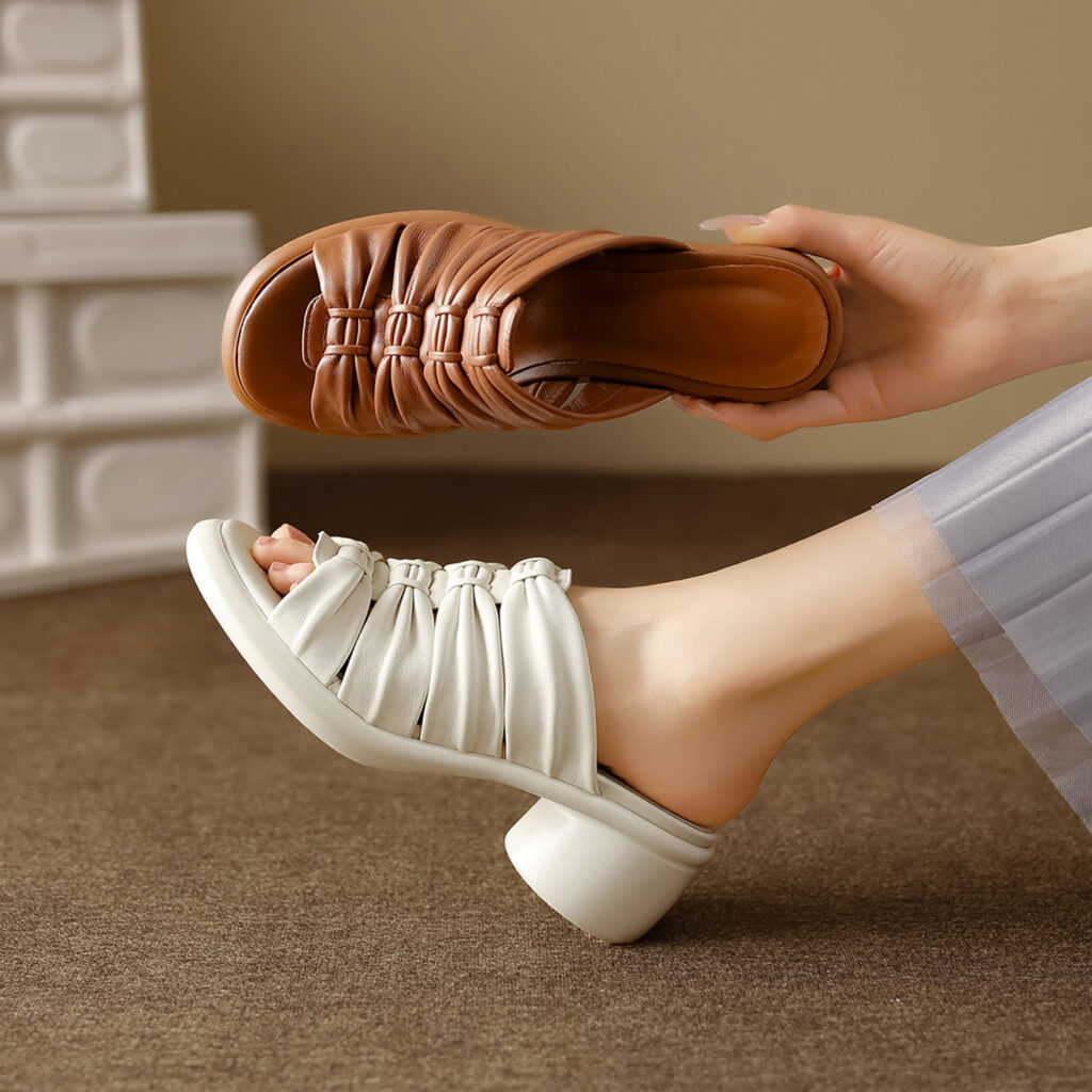 Women's Premium Genuine Lambskin Ruched Slide Sandals, Block Heel Open-Toe Mules