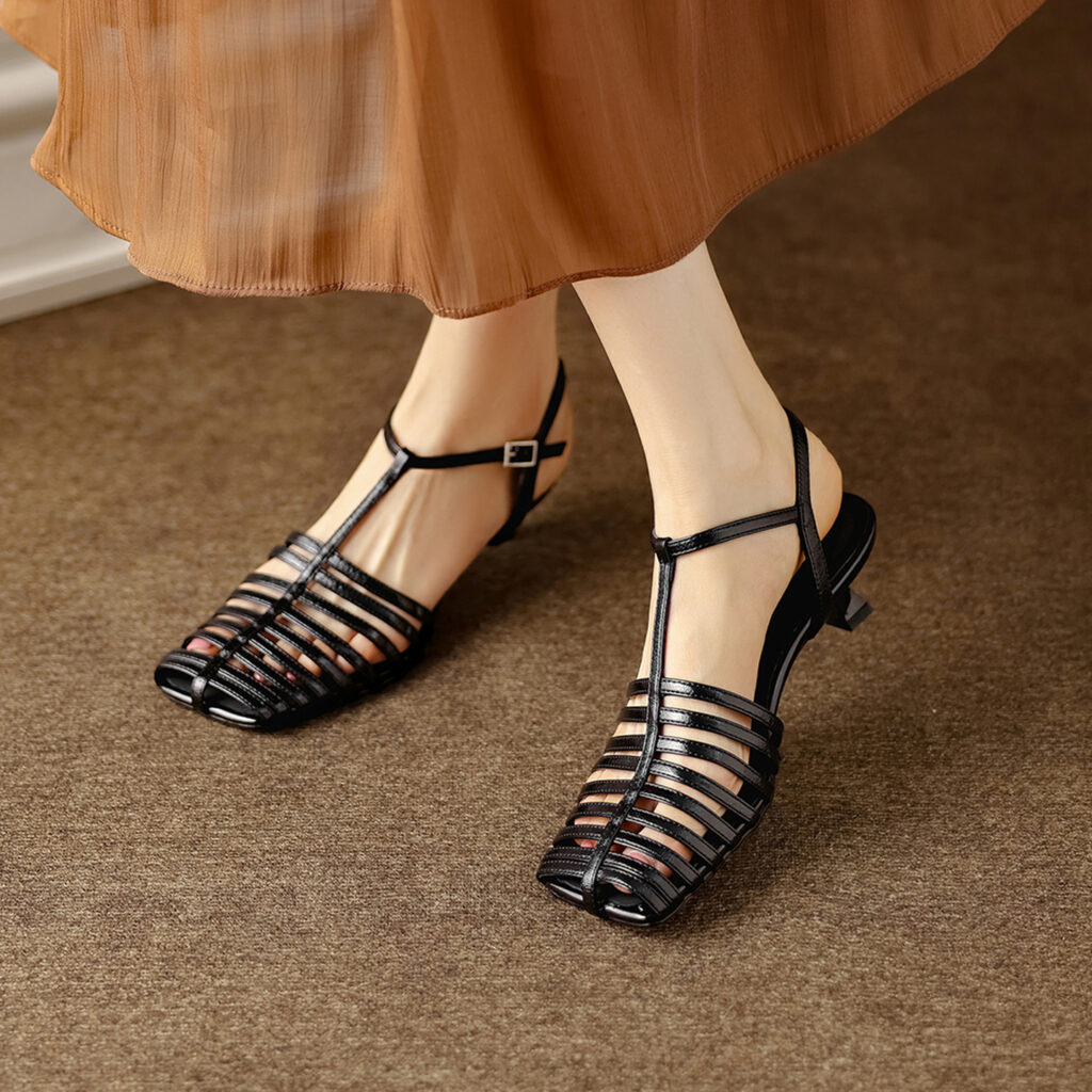 Women's Washed Genuine Lambskin Cage Sandals, T-Strap Slingback Kitten Heel Shoes