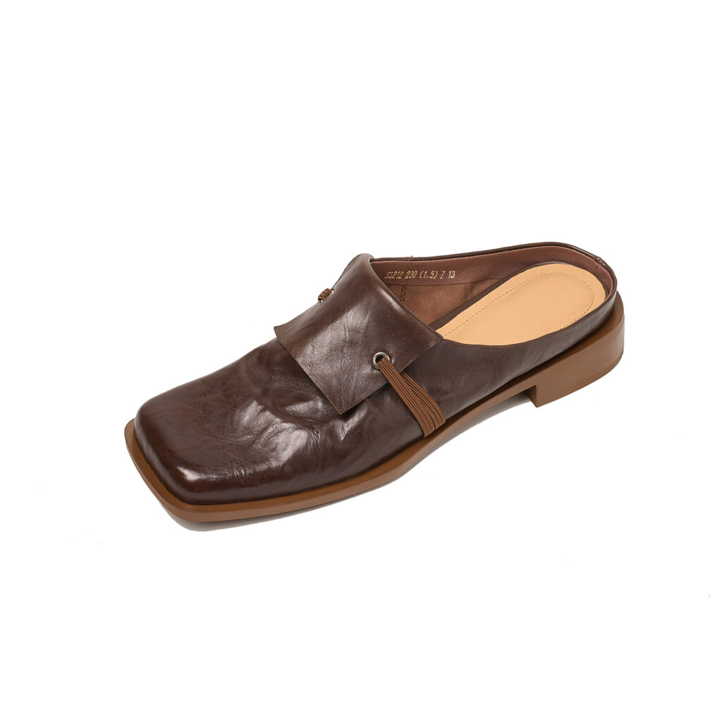 Women's Full-Grain Calfskin Square Toe Mules, Handmade Leather Slip-On Low Heel Slides