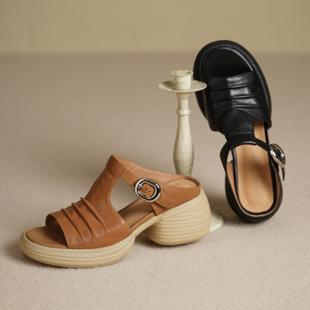Women's Handcrafted Full-Grain Leather Ruched T-Strap Platform Mule Sandals, Chunky Heel Slides With Buckle