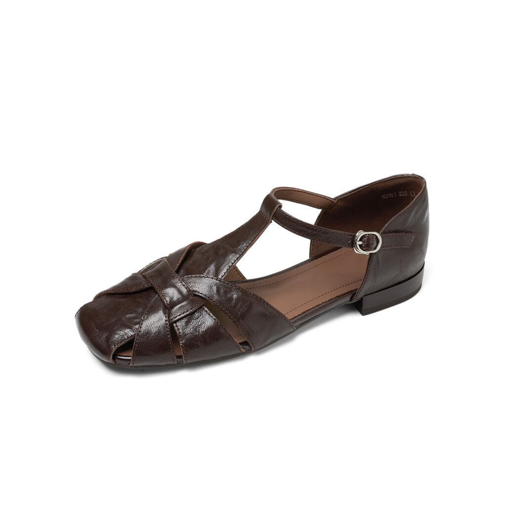 Women's Genuine Sheepskin Fisherman Sandals, Handmade Woven T-Strap Closed Toe Flat Shoes