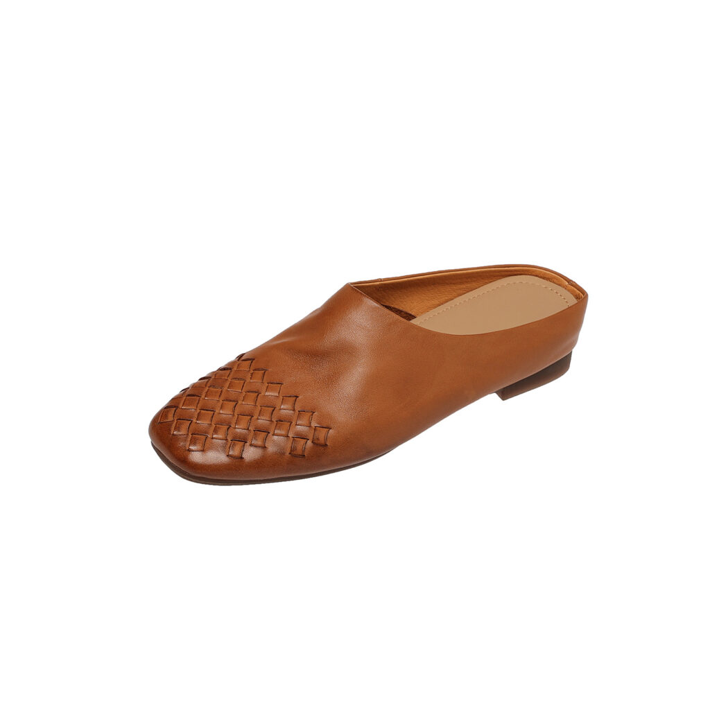 Women's Hand-Woven Washed Full Grain Leather Mules, Square Toe Slip-On Backless Loafers