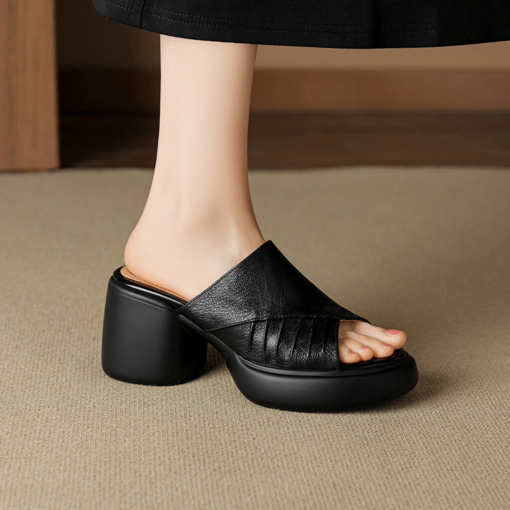 Soft Genuine Lambskin Ruched Block Heel Slides, Ladies Open-Toe Leather Mules