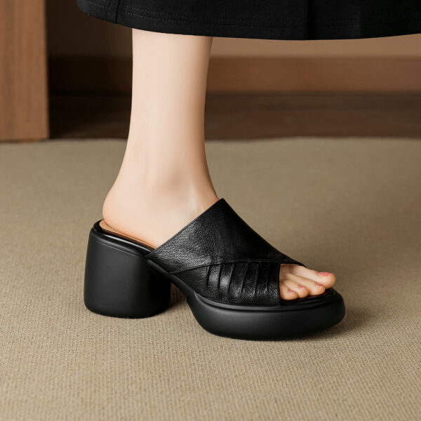 Soft Genuine Lambskin Ruched Block Heel Slides, Ladies Open-Toe Leather Mules - Image 6