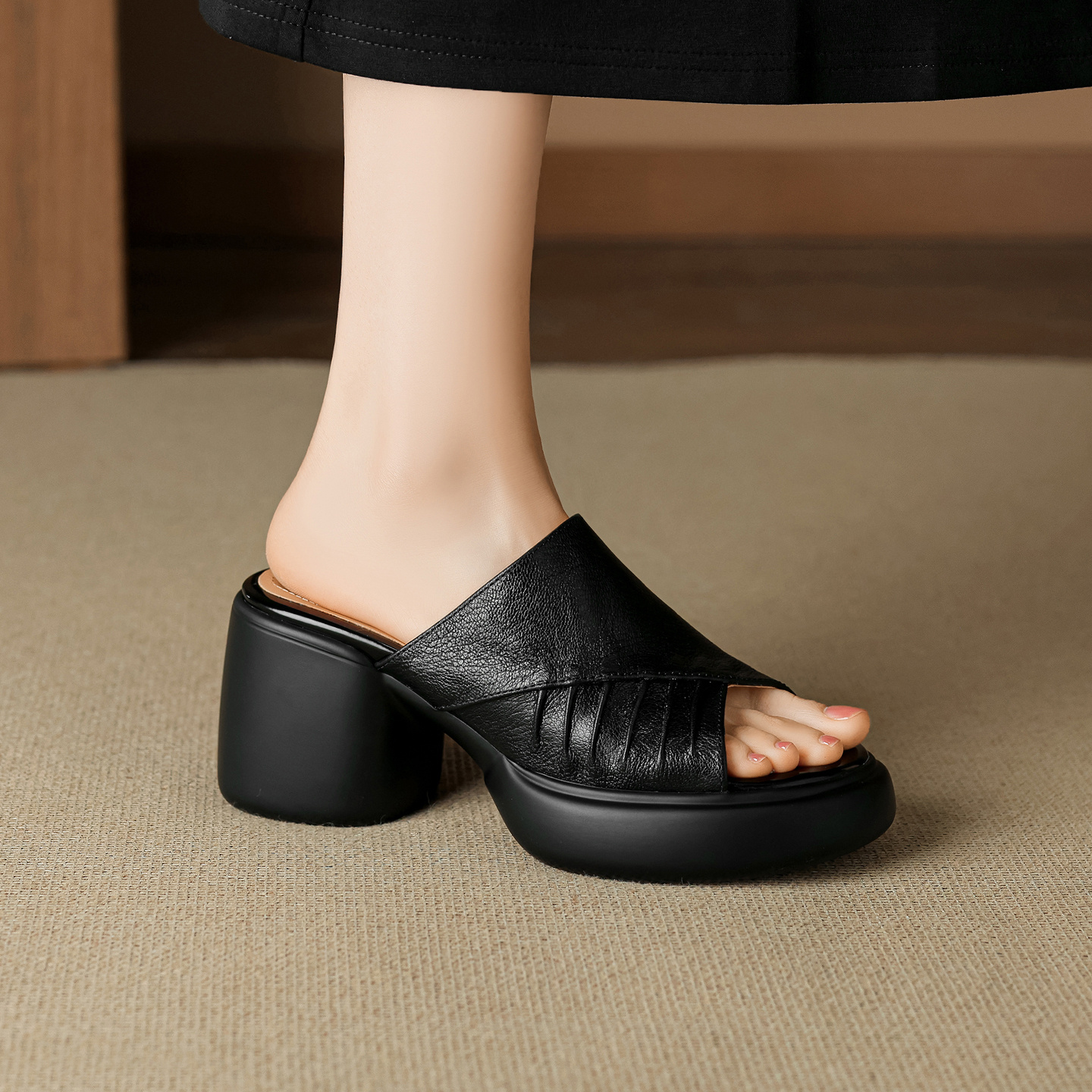Soft Genuine Lambskin Ruched Block Heel Slides, Ladies Open-Toe Leather Mules - Image 6