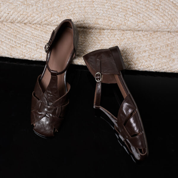 Women's Genuine Sheepskin Fisherman Sandals, Handmade Woven T-Strap Closed Toe Flat Shoes - Image 3